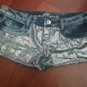 Denim shorts with silver sequins